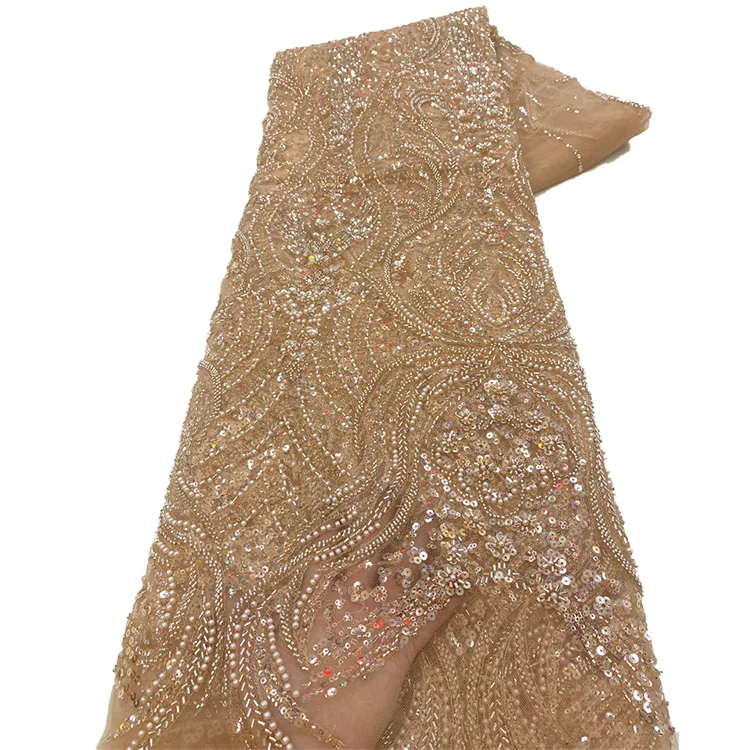 Sparkly Pearls Sequins Bridal Coral Beads Embroidery Dantelle Lace Fabric Materials for Dress Making