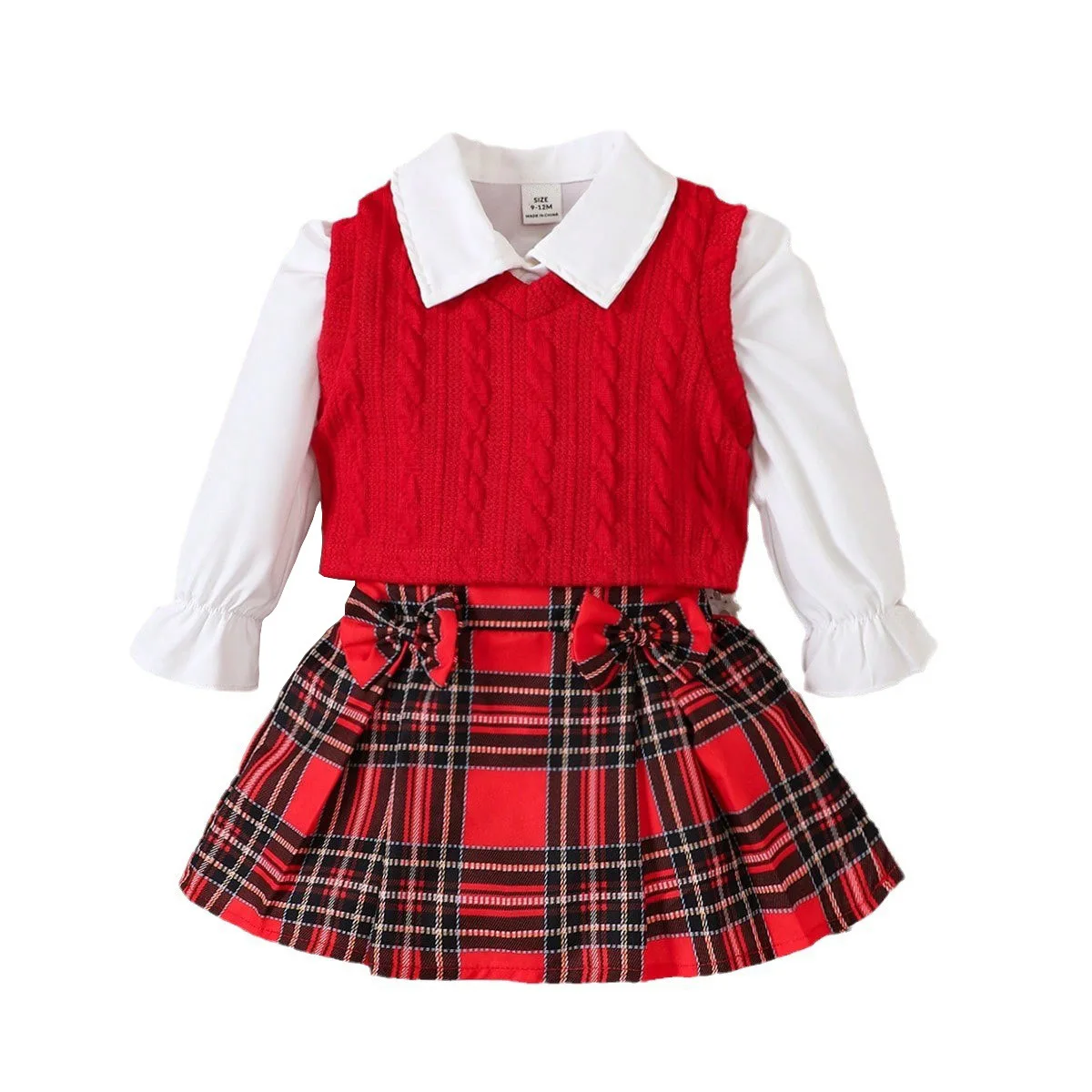 Baby Christmas costume fashion baby girls long sleeve shirt plaid skirt knit waistcoat 3Pcs clothing