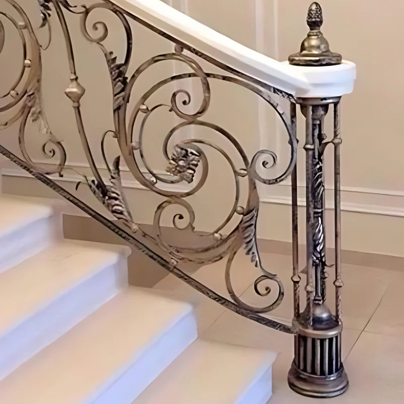 Wrought iron design railing wooden handrail solid wood step staircase classical spiral stairway indoor luxury timber stairs