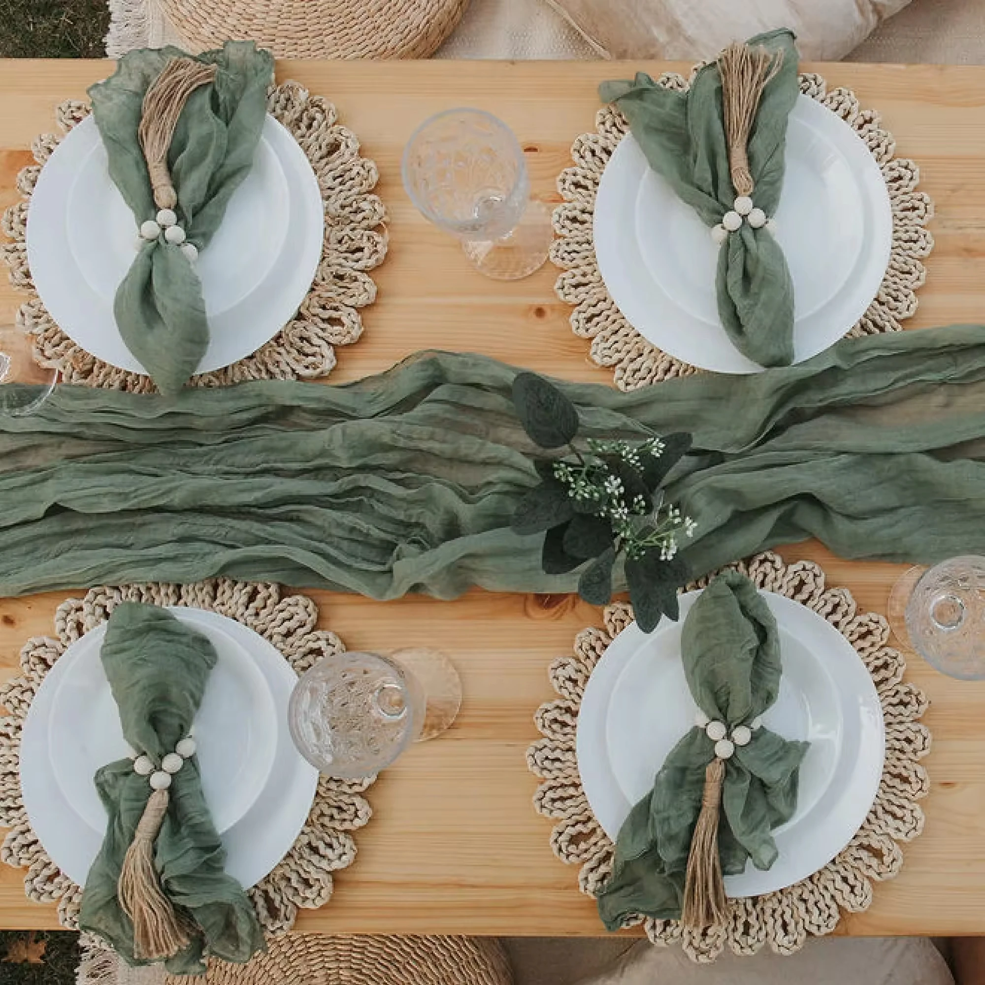 Gauze Boho Table Runners Cheesecloth Table Runner + 10 Napkins Sage Green Table Runner Wedding Decorations for Reception