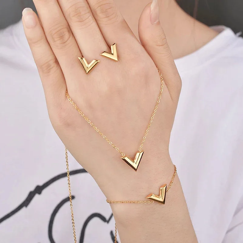Europe & United States New Titanium Steel V-shaped Three-dimensional Letter Fashion Necklace Bracelet Earrings Jewelry Sets