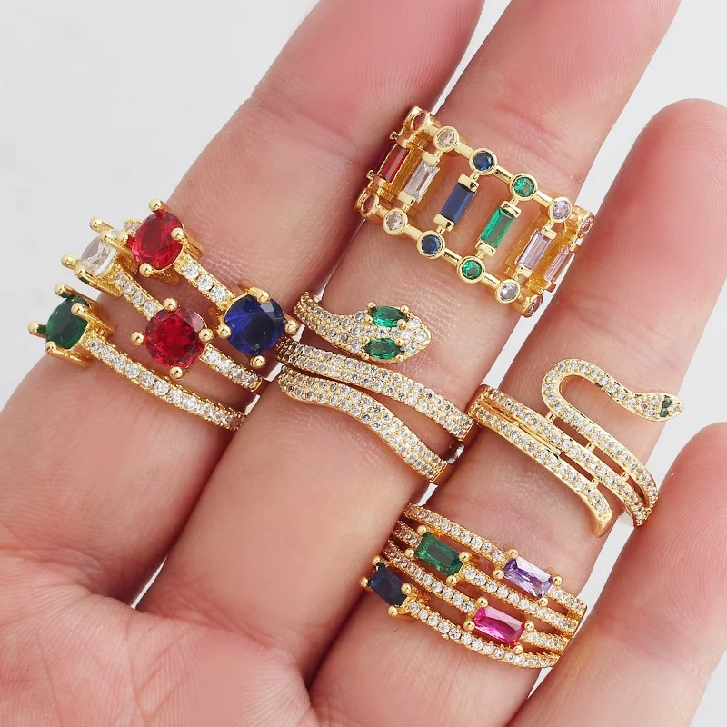 18K Gold Plated Cubic Zirconia Rings Adjustable Open Shiny Rainbow CZ zircon Stone Paved Stackable Eternity Wedding Band Ring