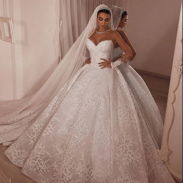 Oceanlux  Dresses Turkey Istanbul China Manufacturer Long Tail Ball Gown Wedding Dress Long Sleeves  Women Dresses