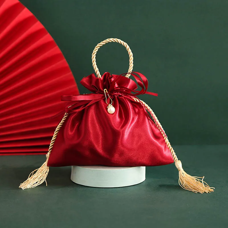 Wholesale Small Drawstring dark red Silk Satin Jewelry Pouch Bag for candy
