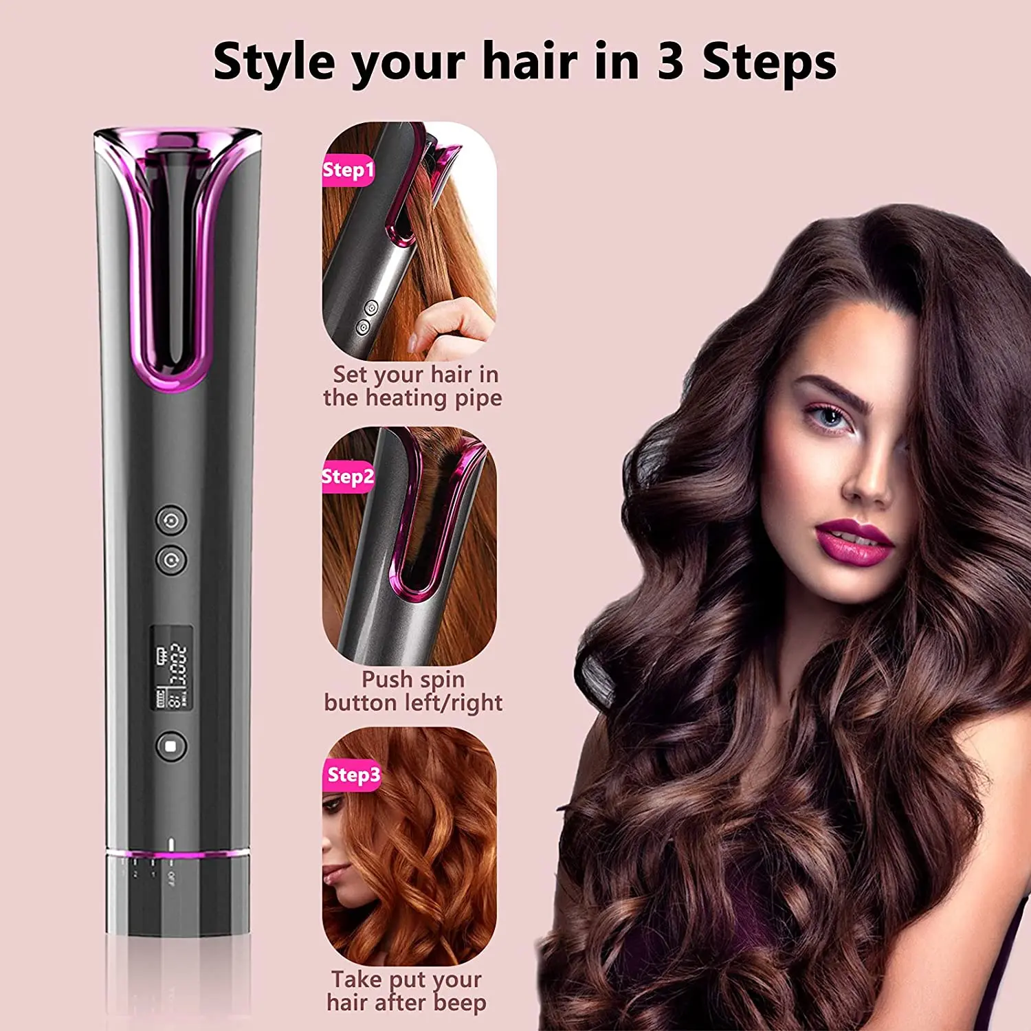 Portable Curling Wand Pro Hair Curl Curler Spinning Automatic Cordless Hair Curler Hair Curling Iron