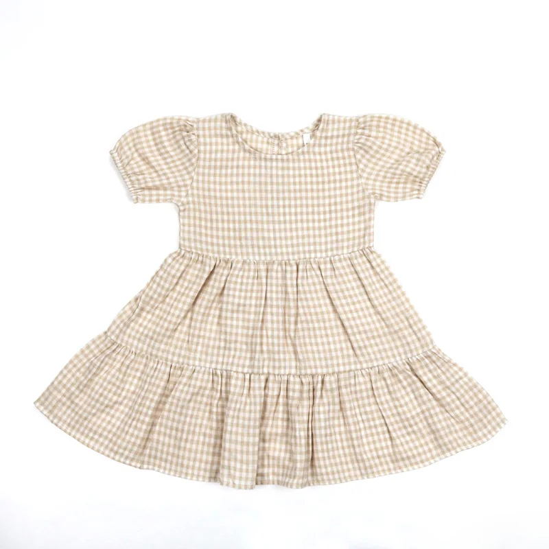 Fashion Child Spring Autumn Short Sleeve Dresses Baby Girls Gingham Maxi Skirt With Ruffles Kids Girls Dress