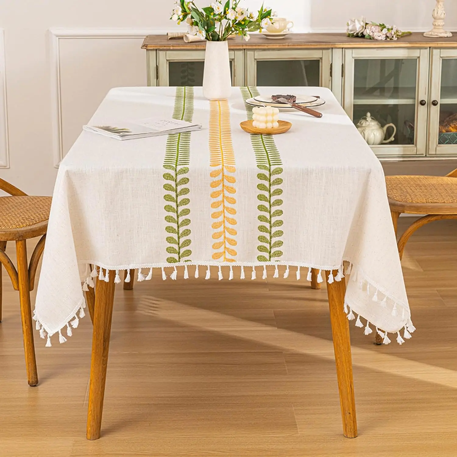 QDTEX Cotton Linen Rectangle Table Clothes Waterproof Embroidered Tablecloth