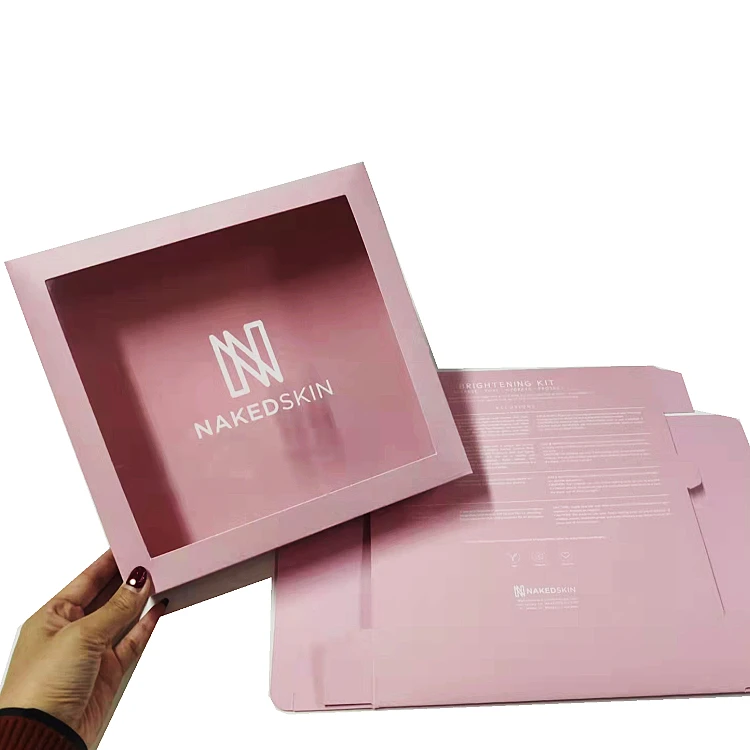 Luxury Brightening Kit Packaging Square PVC Window Pink Paper Box with White Gold Logo and UV Process Effect
