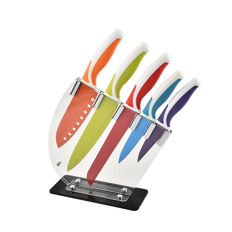 5pcs soft grip handle stainless steel colorful kitchen knives with acrylic stand in color box  knife set chef