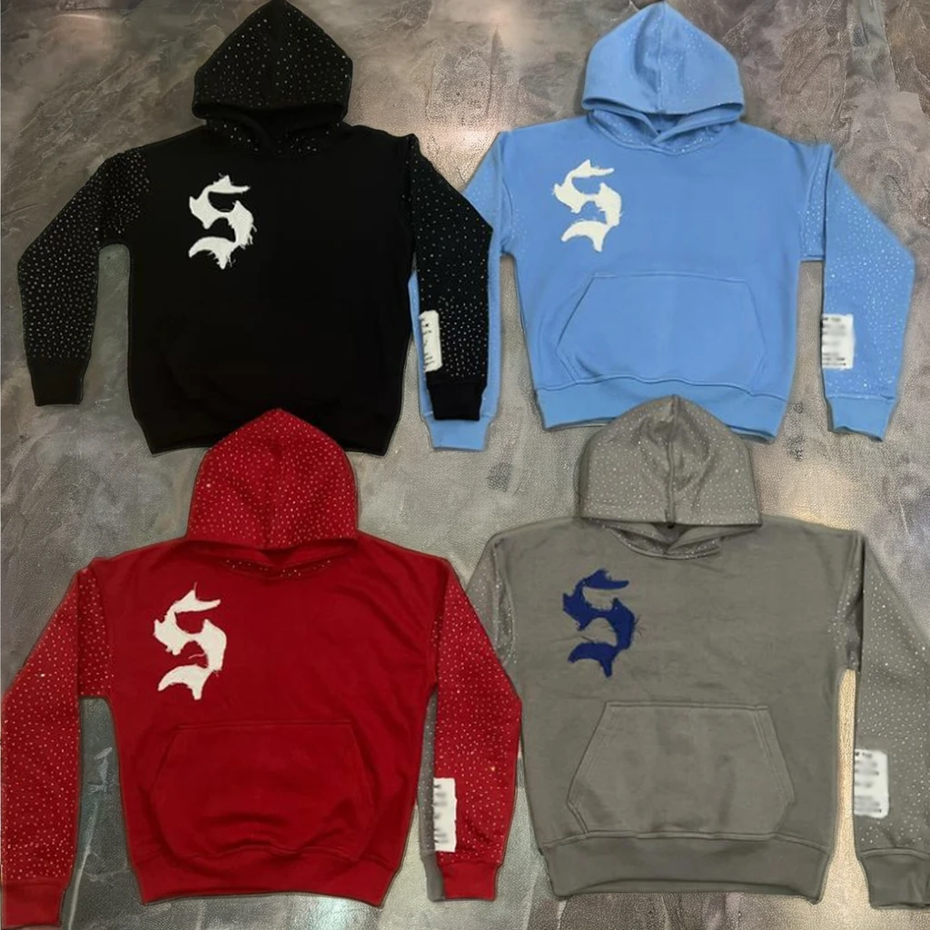 Manufacturers clothing custom distress embroidery 450 500 gsm 100% cotton terry fleece rhinestone cropped hoodie men