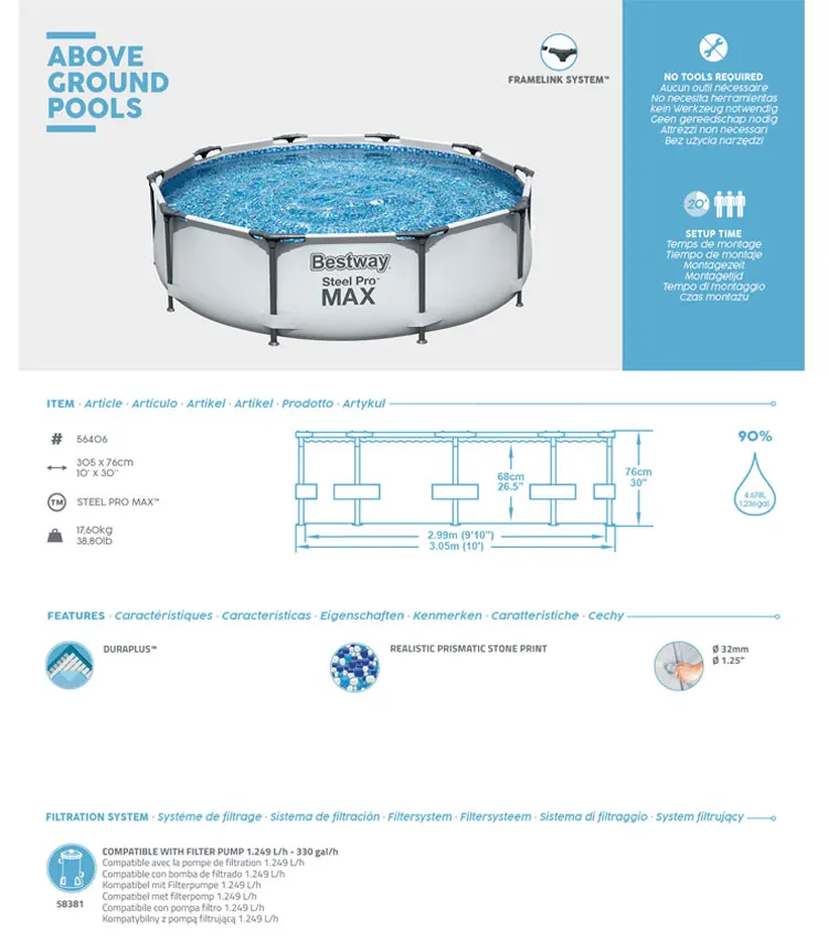 Bestway 56406 outdoor family adult prism frame round set PVC swim pool above ground swimming pool