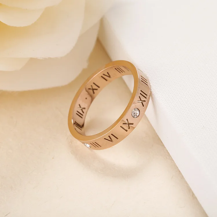 2021 Fashion Designs Couples Creative Jewelry Rose Gold 18K Roman Numerals Titanium Steel Ring With Diamonds
