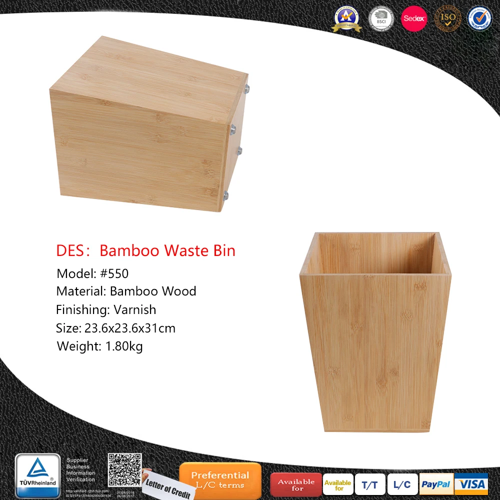 Eco-Friendly Bamboo Wood Waste Bin Garbage bin Trash can with Lid Foe office home