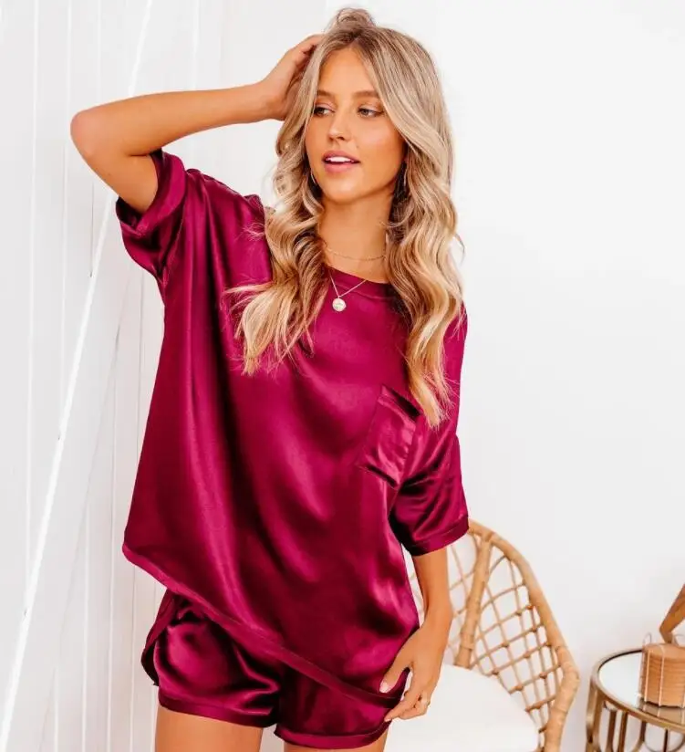 2021 Hot Selling Silk Satin Pajamas Set Casual Homewear Short Set for Women Lounge Wear Pajamas