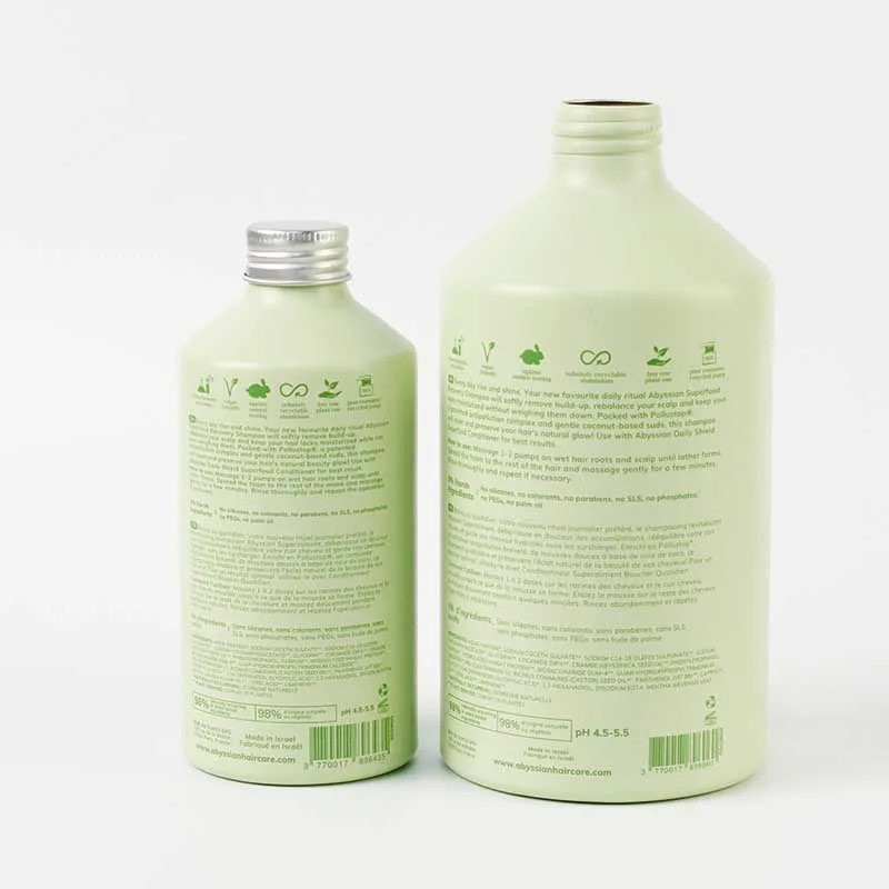 High quality OEM eco friendly empty aluminum bottle custom print  shampoo and conditioner bottle 250ml 500ml 750ml