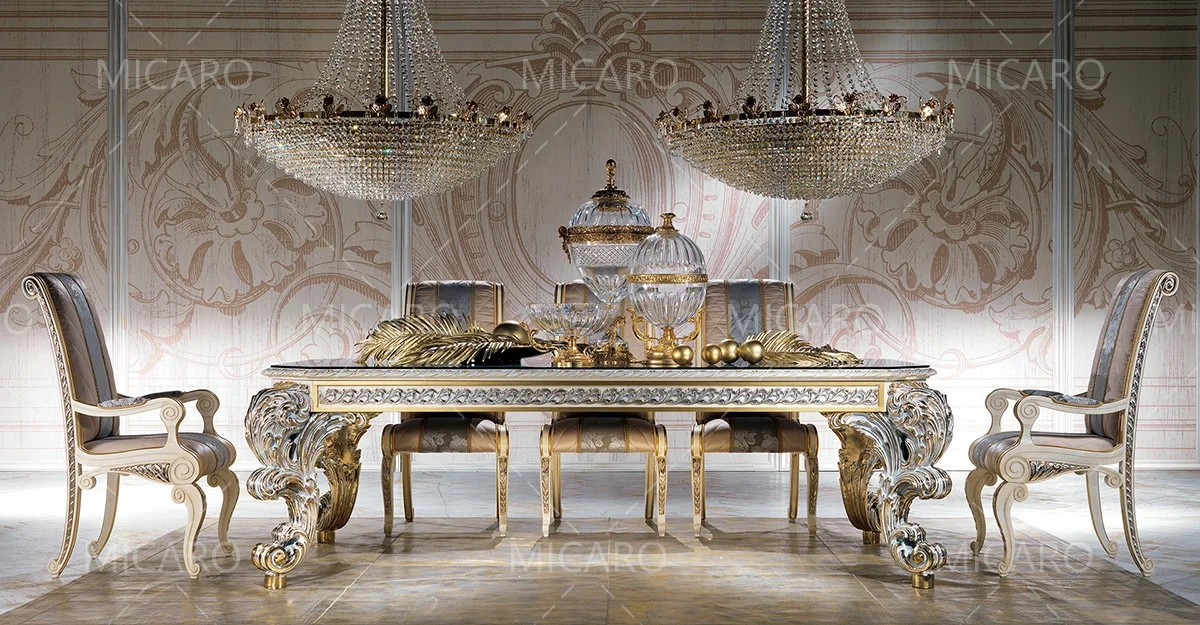 Luxury exquisite unique hand carving gilding Italian style solid wood Rectangular glass top dinning table with 8 seater