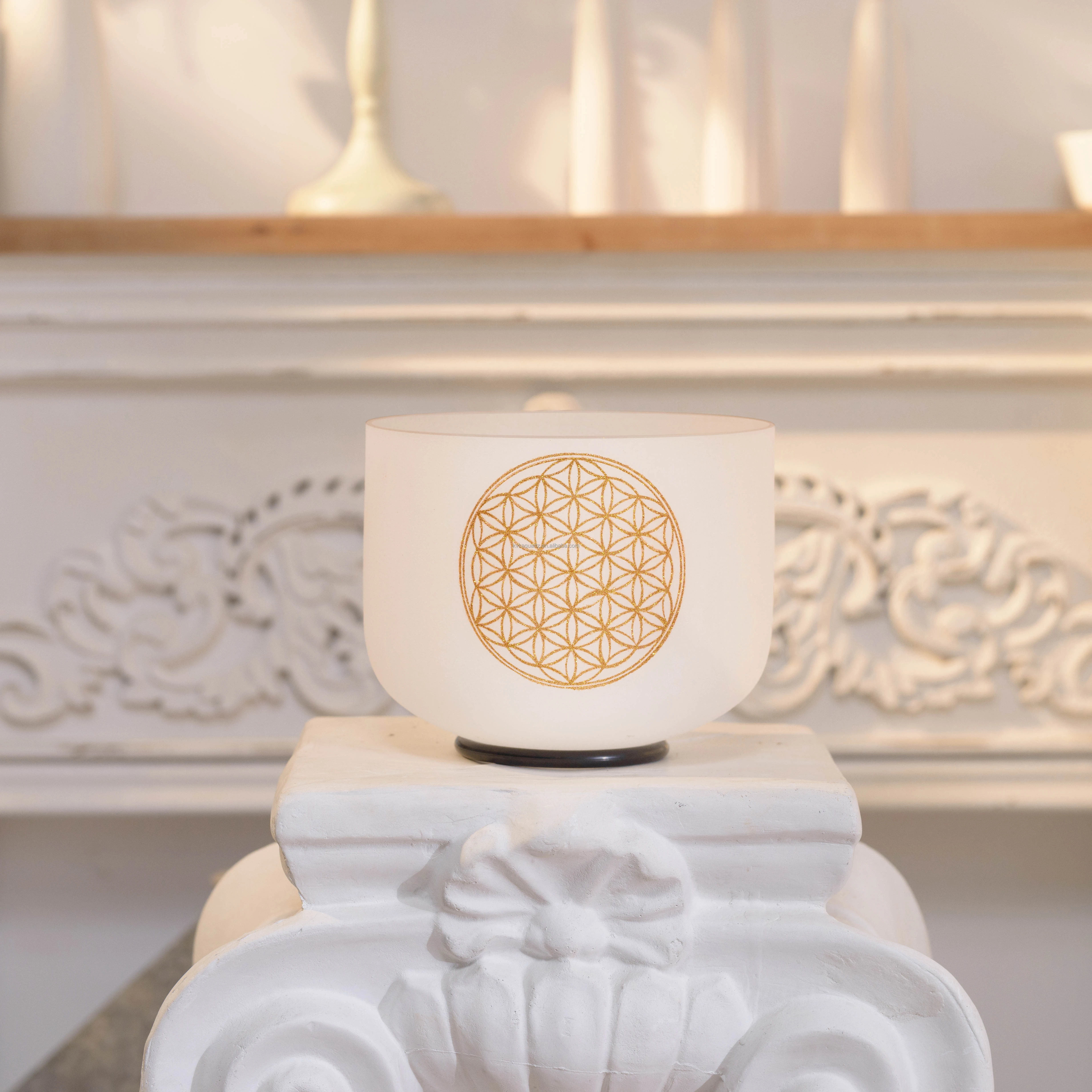 KVKA CDEFGAB Gold Flower Design 8 Inch Chakra Quartz Frosted Crystal Singing Bowl with Free Mallet