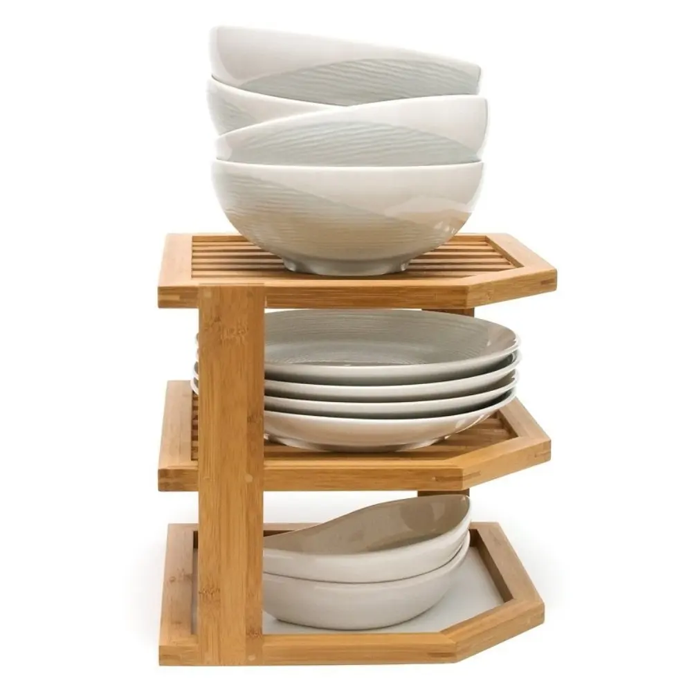 Bamboo 3-Tier Corner Storage Shelf wooded plate dishes storage organizer corner rack for Kitchen