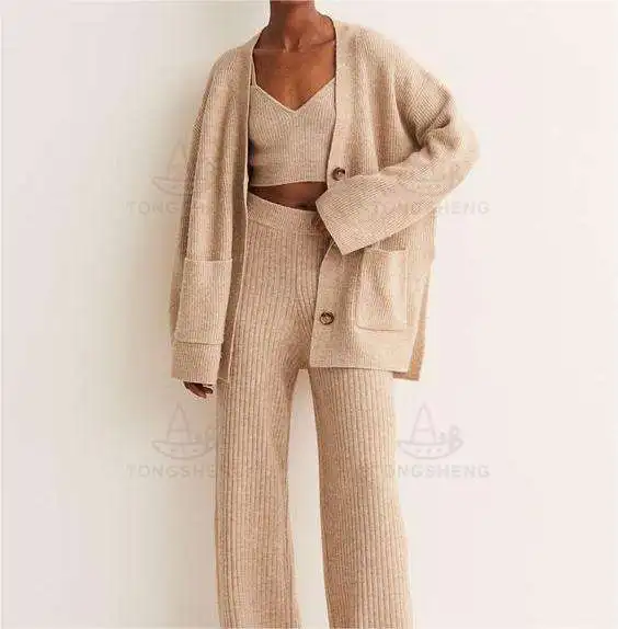 Manufacturer Custom Luxury Cashmere Lounge Wear Women Set Loungewear Knit Wool Cashmere Cardigan Sweater Pant Sets Women