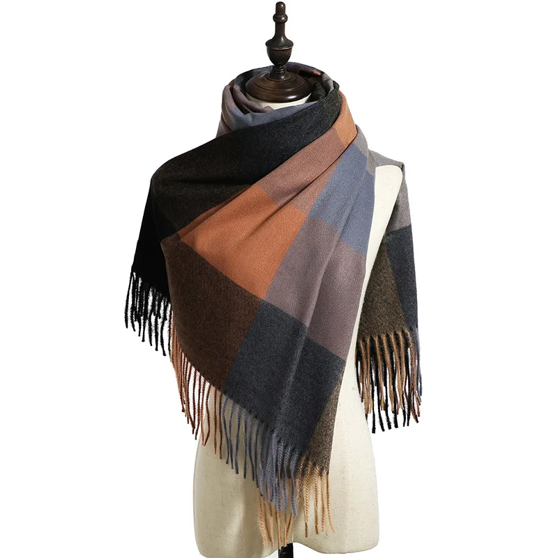 New Design Soft Scarf Shawl Wool Cashmere Blended Yarn Dyed Plaid With Tassels Winter Scarf for Women
