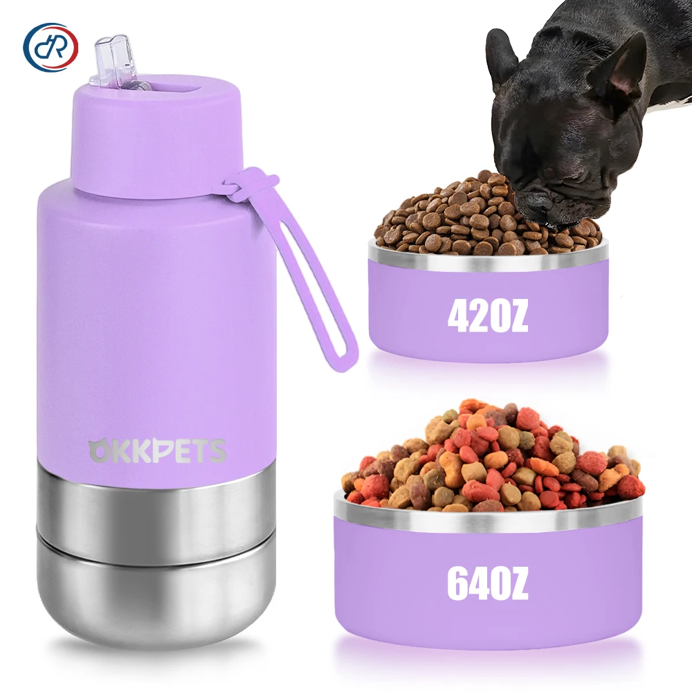 Reusable 24Oz 32Oz 64Oz Portable Water Bottle Pet Feeder Travel Bowl Dog Thermal Bottle with Dog Harness Set