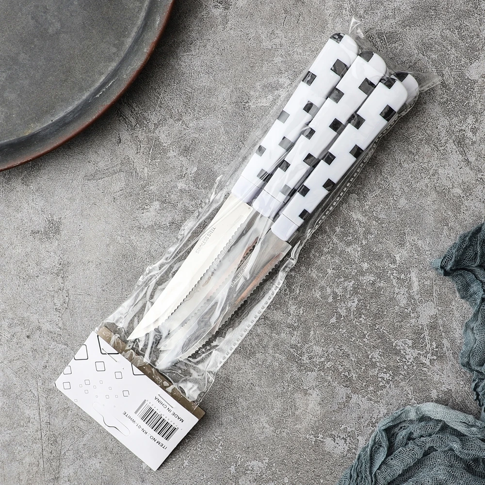 
Cheap stock polka dots white plastic handle design 6 pcs dinner knife stainless steel flatware dinner steak knives set 