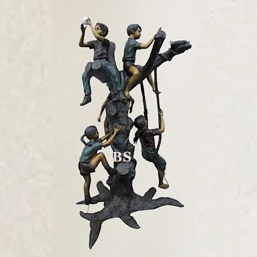 Детская бронзовая садовая статуя в натуральную величину латунная для детей играющих на дереве украшения дома