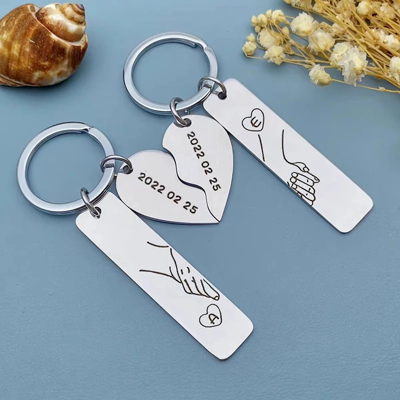 Design Blank Logo Engraved Stainless Steel Keychain Half Heart Shape Id Tag Key Chain For Couple Long Strip Peach Diy Keychains