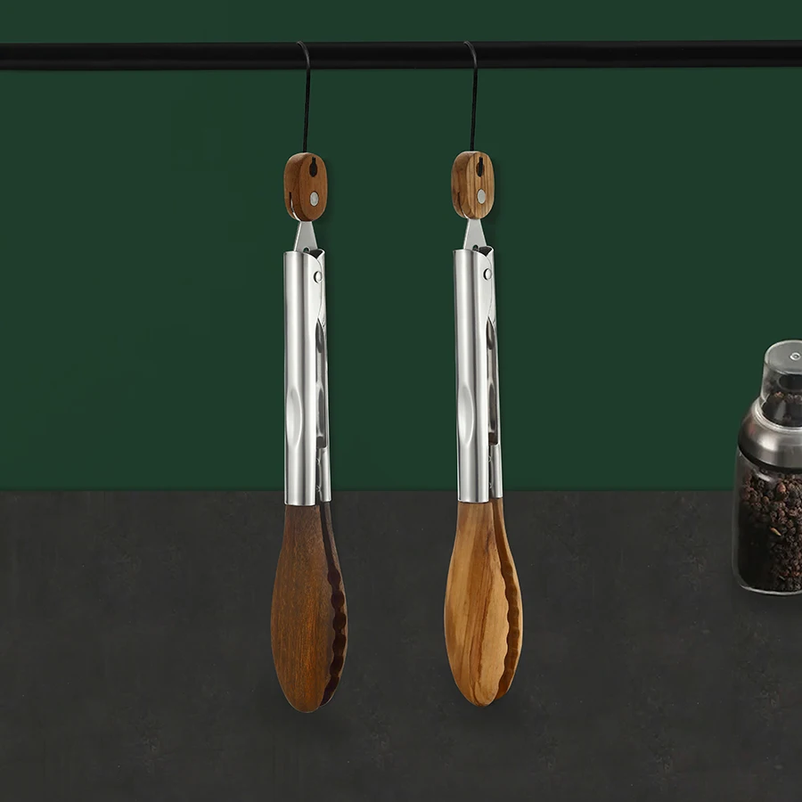Natural wood Walnut stainless steel service food tongs for kitchen and BBQ