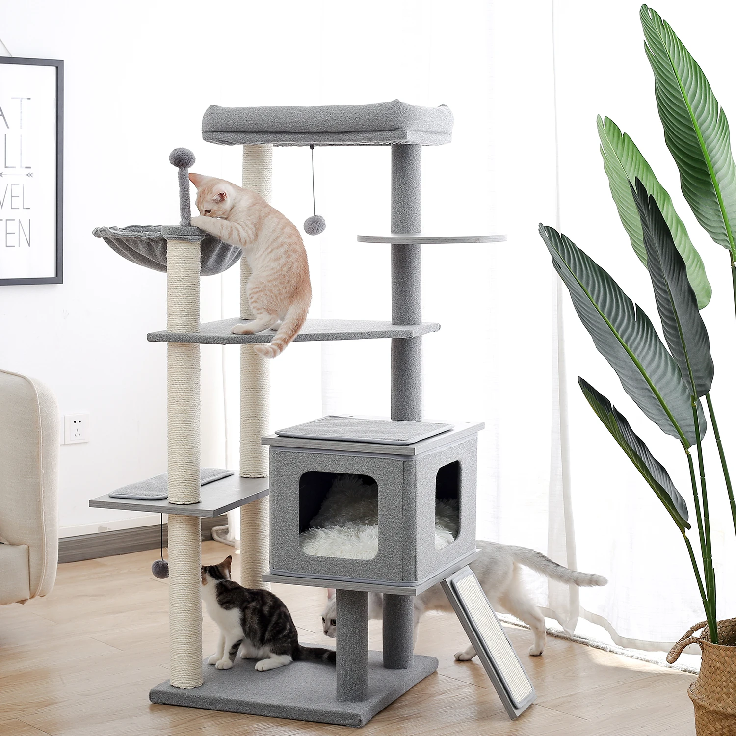 
Free Shipping Multi-layer Wooden Cat Tree Cat Scratcher With Cozy Condo Top Perch For Large Cats 