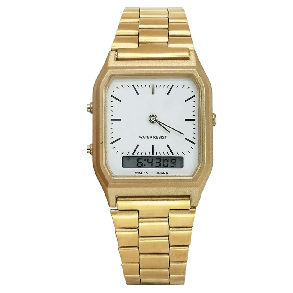 Custom Logo Retro Stainless Steel Women Men Digital Wristwatches Analog Dual Movement Waterproof men Digital Watch