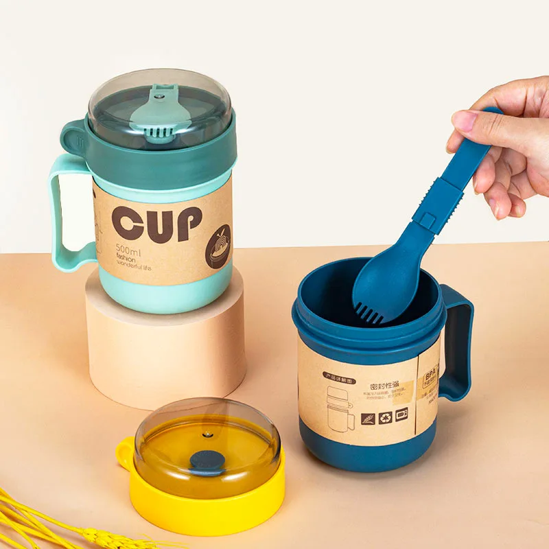 New 500ml Plastic Breakfast Cup Lunch Box With Lid Spoon Portable Office Milk Soup Water Cup Food Container