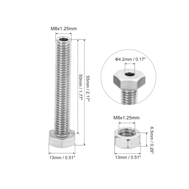 SS 304 M8 Hollow External Hex Bolts Cylindrical Lamp Threading Socket Screws Through Hole Bolts with Nuts