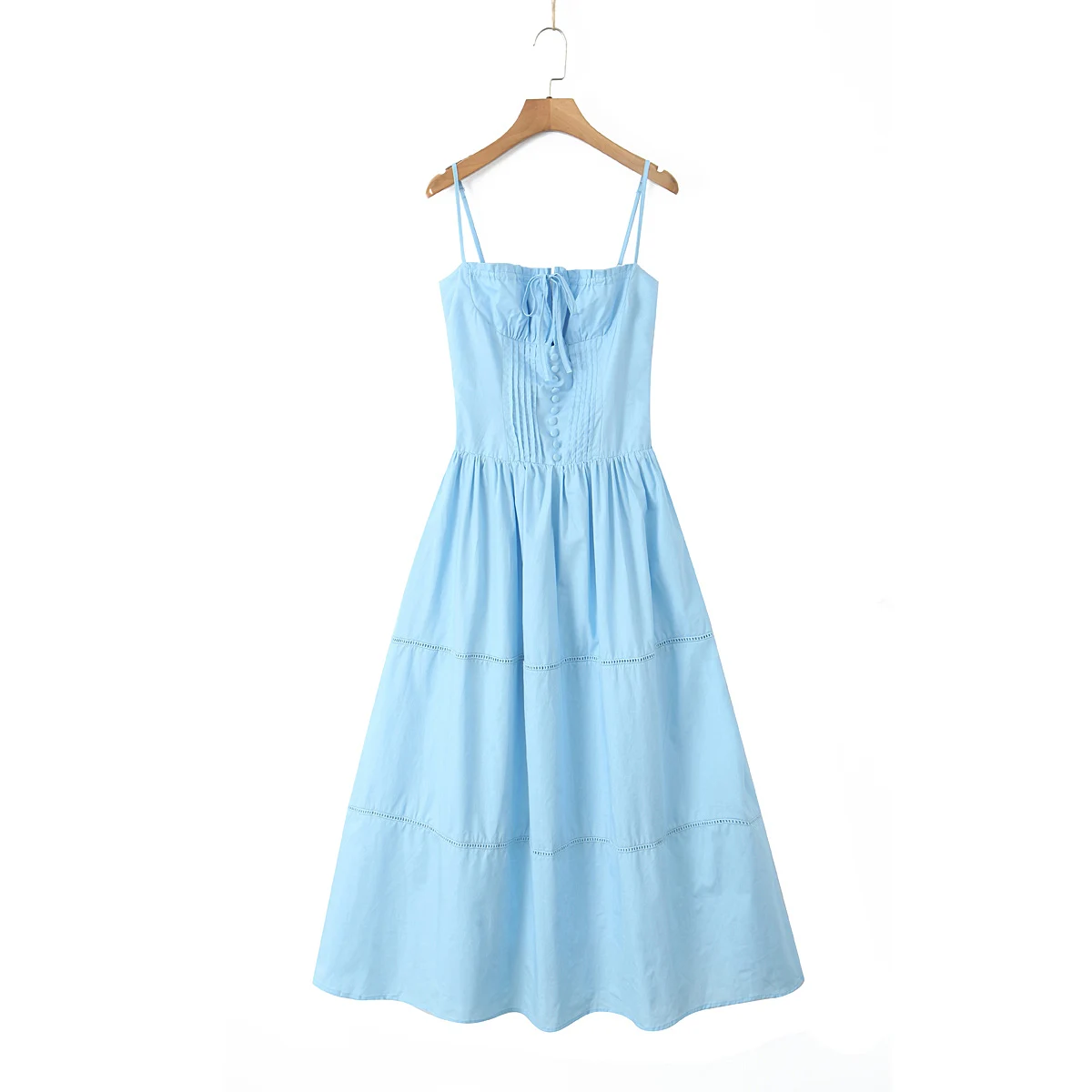 2 colorway spaghetti strap solid color buttons up front lace up casual cotton long slip dress for women