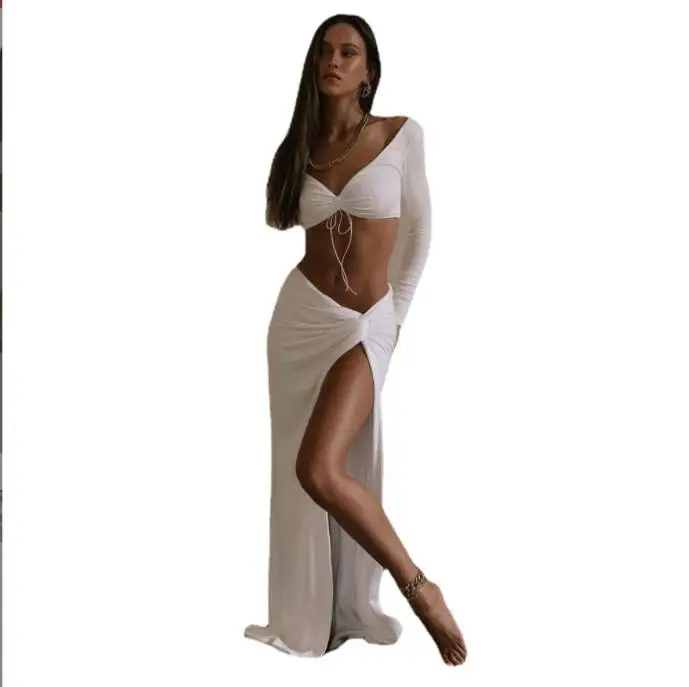 Fall New Sexy Outfits Long Sleeve Shirts Crop Top Open Back Slit Sexy Fashion Skirt Suit Women Dress