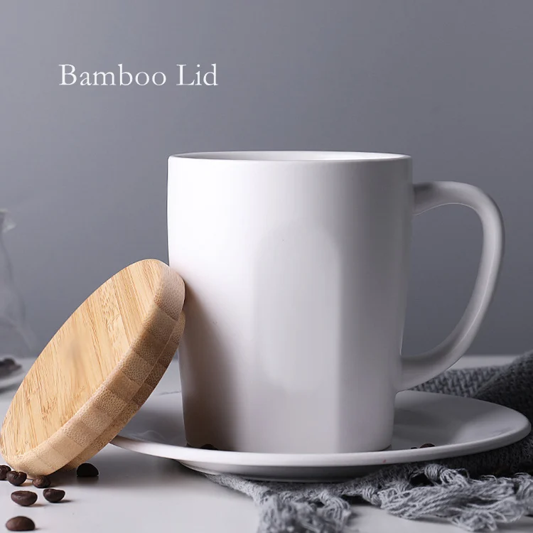 Custom Large Modern 13 oz Cup Nordic Matte White Black Ceramic Coffee Mug with Bamboo Lid