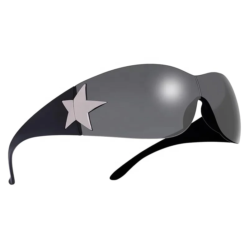 Latest summer trendy rimelss sun glasses wholesale custom logo men women 2000s y2k wrap around one piece sunglasses with stars
