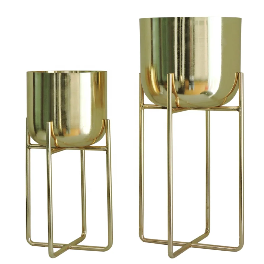 Round Gold Planter with Stand Indoor Planters Living Room Bedroom Hallway Decoration Planters & Pots