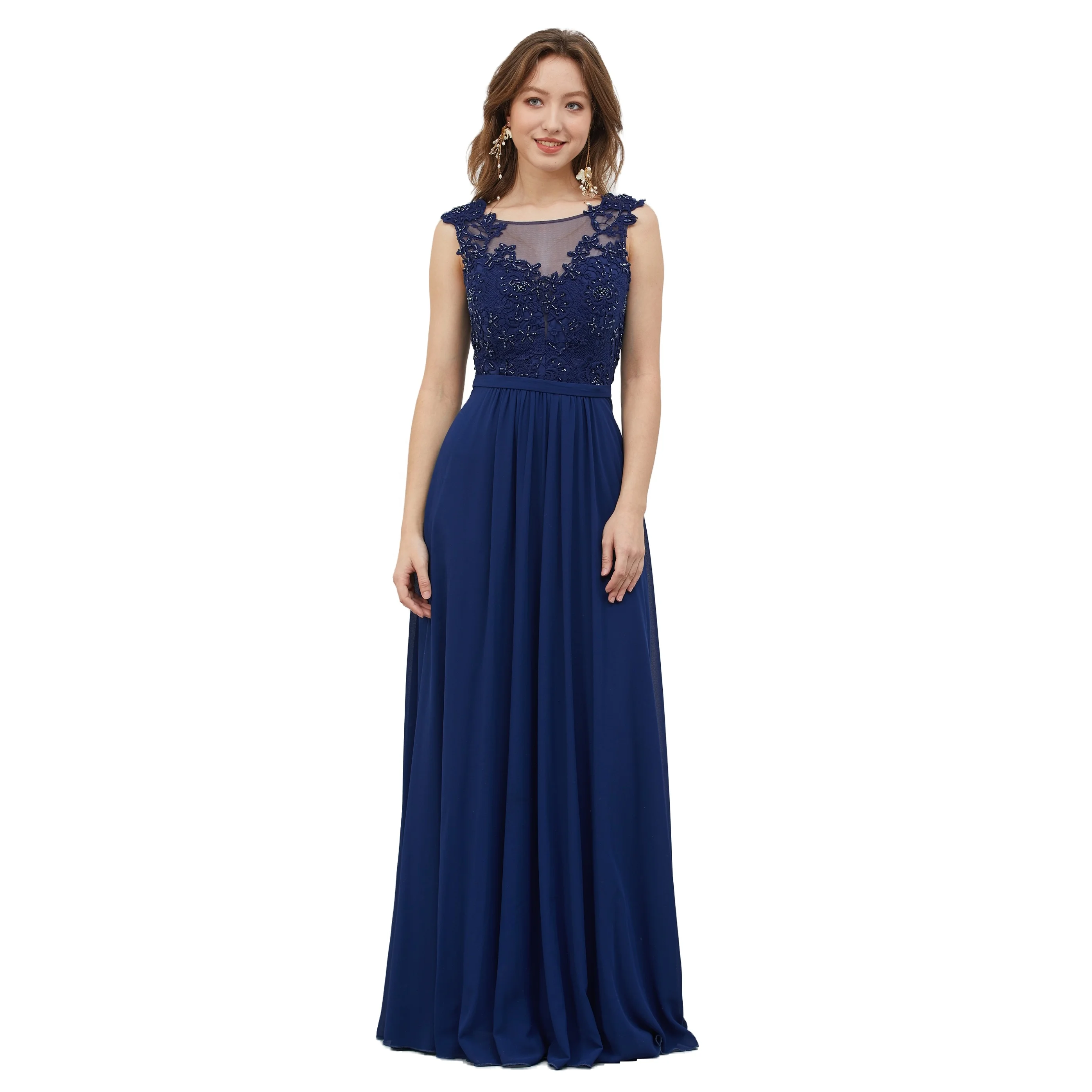
Customized Embroidered Blue Temperament Long Dress Collar Girl Style Bridesmaid Dress For Wedding 