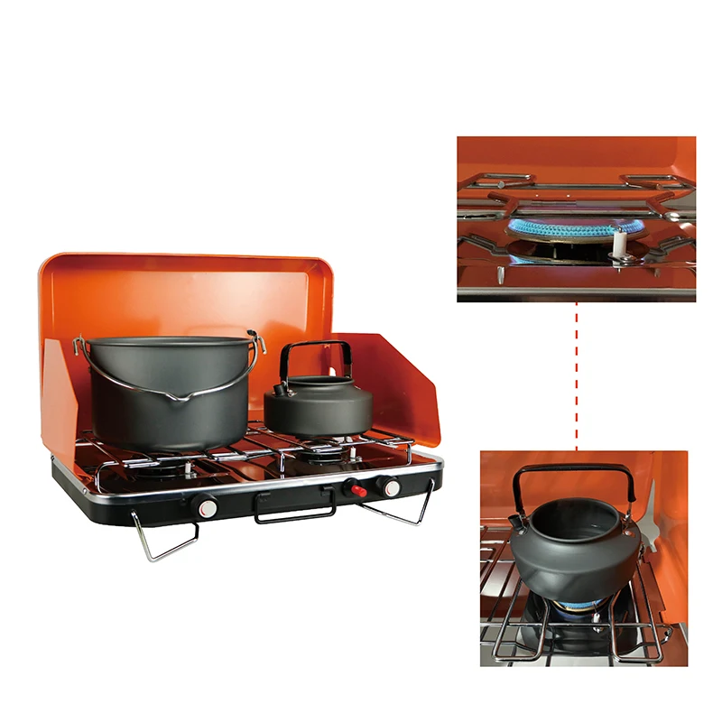 Kingpool 2 Burner Foldable Outdoor Barbecue BBQ Camping Gas Stoves Portable Hiking Tourist Butane Propane Gas Stove for Picnic