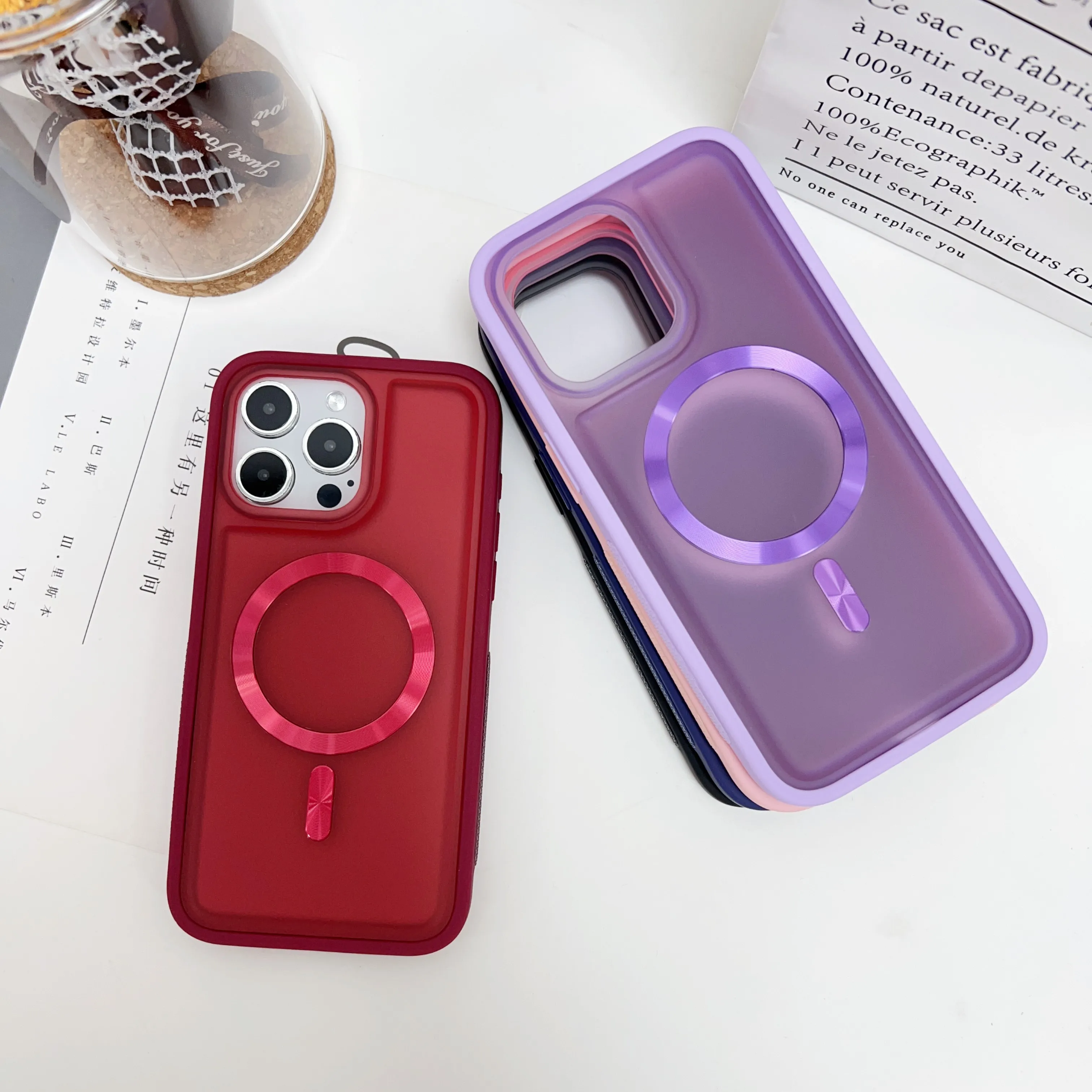 2024 three in one Matte PC case magnetic ring anti slip side strip TPU mobile phone case For Iphone 16 15 pro max