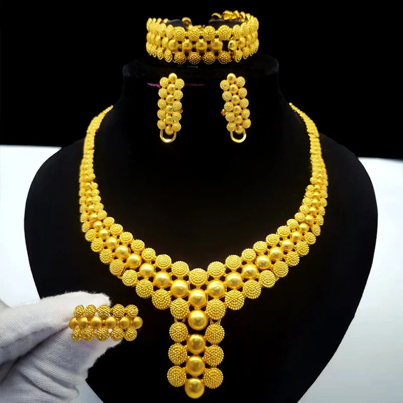 Bridal Indian Set 2024 24K Gold Dubai Wedding Rings Jewelry Gold Jewelry Necklace 24K Dubai Gold Jewelry 24K