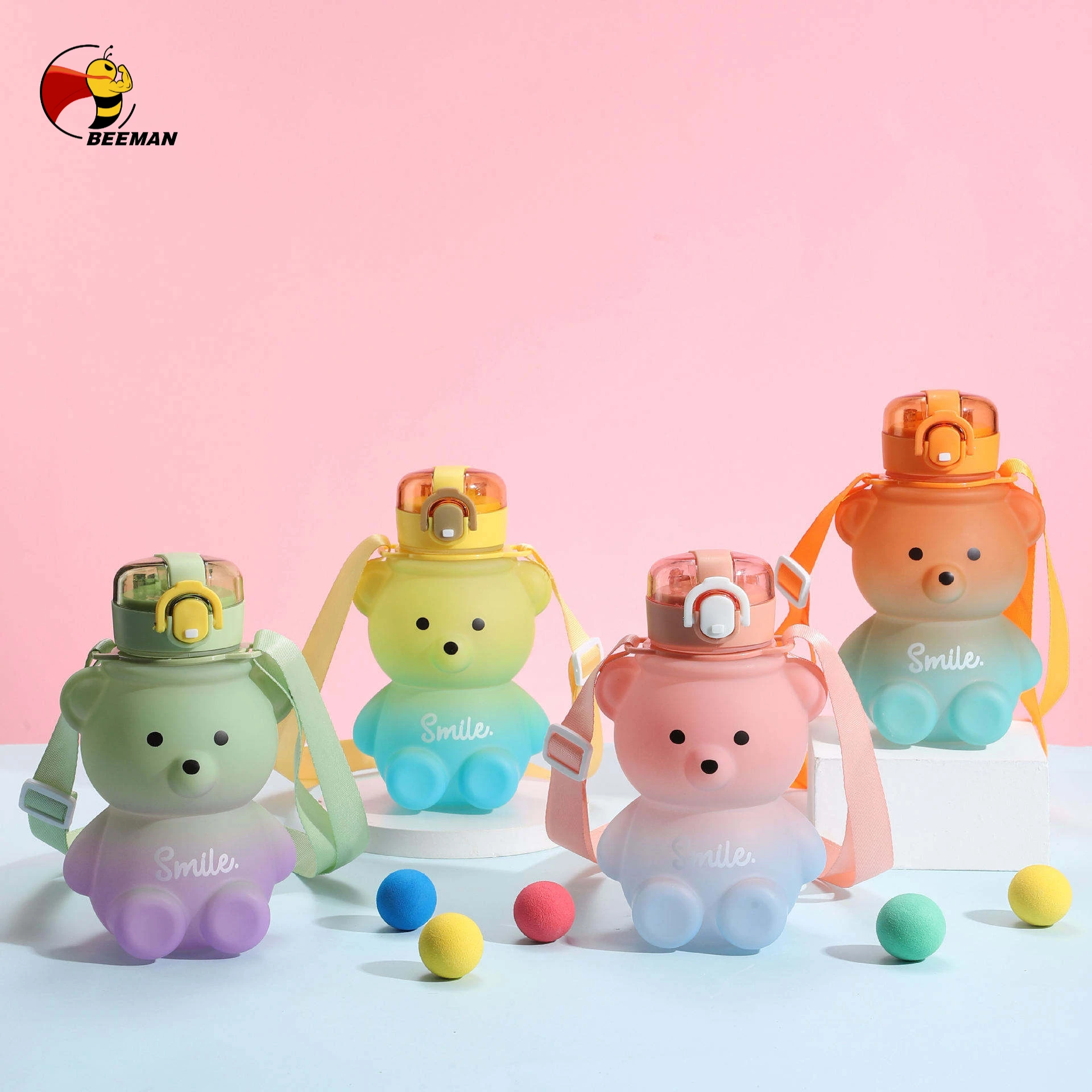 Beeman Summer 800ml Brand New Cute Cartoon Bear Kids Gradient Color Plastic Water Bottle With Straw