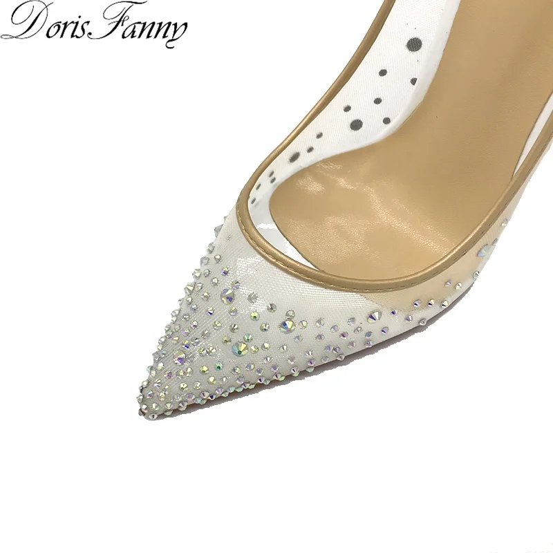 Wholesale High Quality Crystals Sexy White Mesh Lady Stiletto Heels Pump Bridal Party Wedding Shoes For Bride