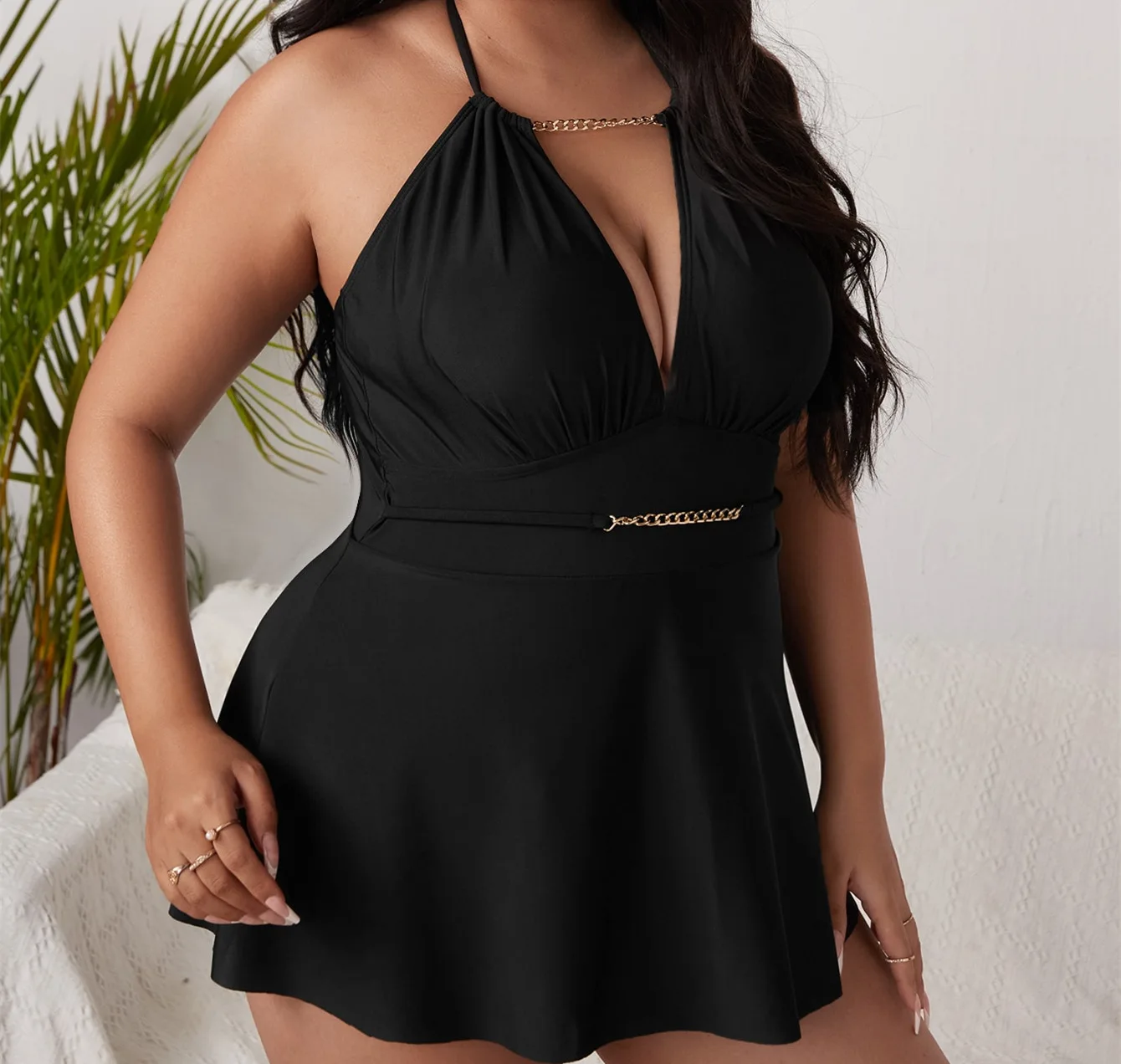 DAMOCHIC Custom Logo Wholesale Swimwear 1 Piece Black Halter Lace-Up Fat Women Beachwear with Skirt Plus Size Swimsuit 2023 OEM