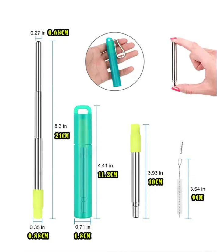 Telescopic Reusable Drinking Straws Stainless Steel Metal Straws Folding Straw Set With Case Cleaning Brush