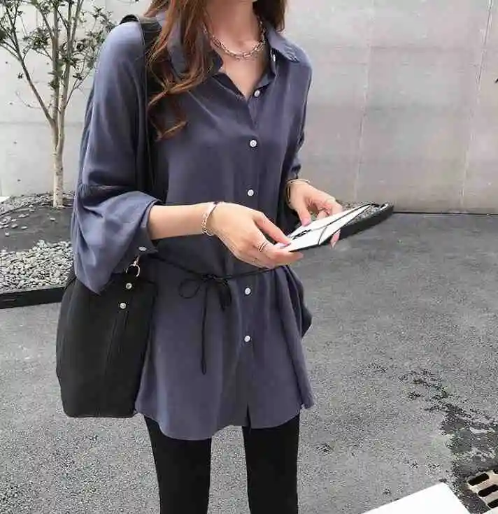 autumn new fashion solid color loose lantern sleeves chiffon shirt female large size long sleeve shirt Han Fan shirt