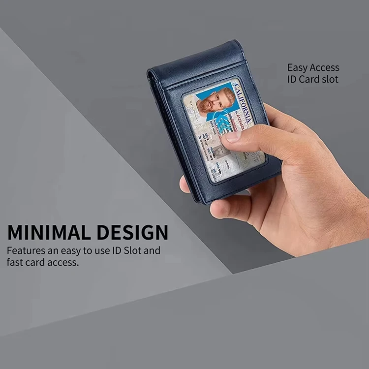 Custom Leather ID Window Card Case Wallet With Metal Money Clip RFID Blocking Business Slim Bifold Wallet For Man