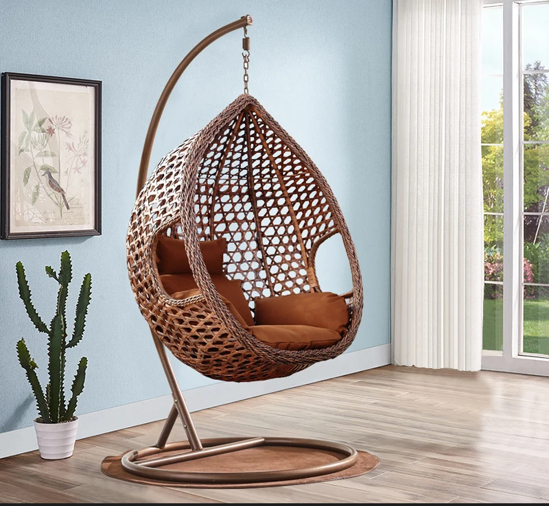 Wholesale Outdoor Furniture Living Room Rattan Egg Basket Swing Patio Chair Balcony Garden Hanging Chair With Stand and cushion
