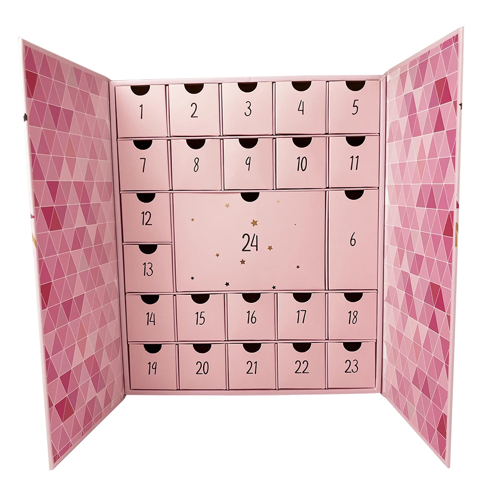 Custom Logo Advent Calendar Box Christmas Cosmetic Countdown Gift Box 24 Drawers Makeup Advent Calendar Box Costume 24 Days Pink